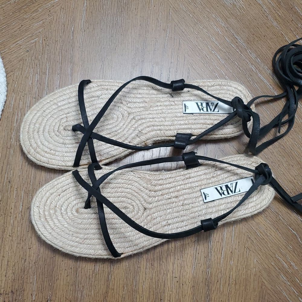 NWOT Zara Lace Up Tied Leather Jute Leather Black Sandals Size 41 - Picture 8 of 8